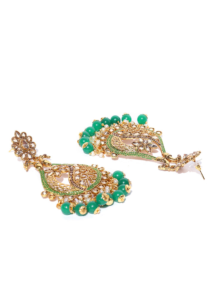 Gold-Plated Stones Studded Peacock Inspired Drop Earrings with Green Beads Drop
