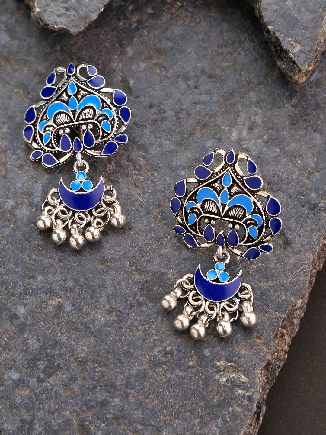 Oxidised Silver-Plated Peacock Inspired Meenakari Drop Earrings In Blue color