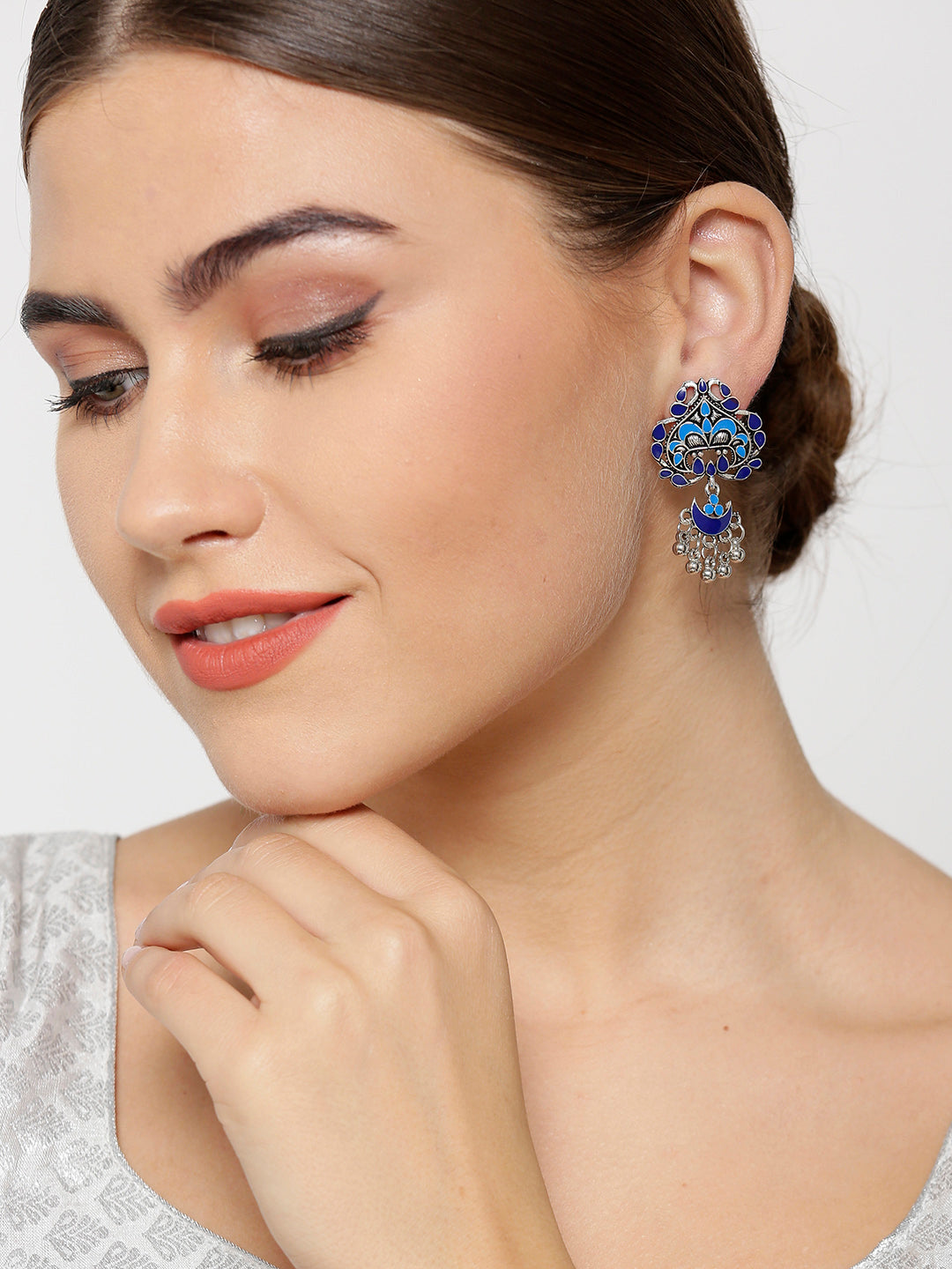 Oxidised Silver-Plated Peacock Inspired Meenakari Drop Earrings In Blue color