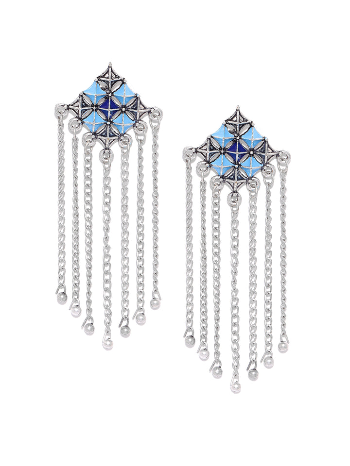 Oxidised Silver-Plated Geometric Waterfall Earrings with Meenakari In Blue Color