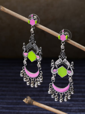 Oxidised Silver-Plated Peacock Inspired Drop Earrings In Pink And Green Color