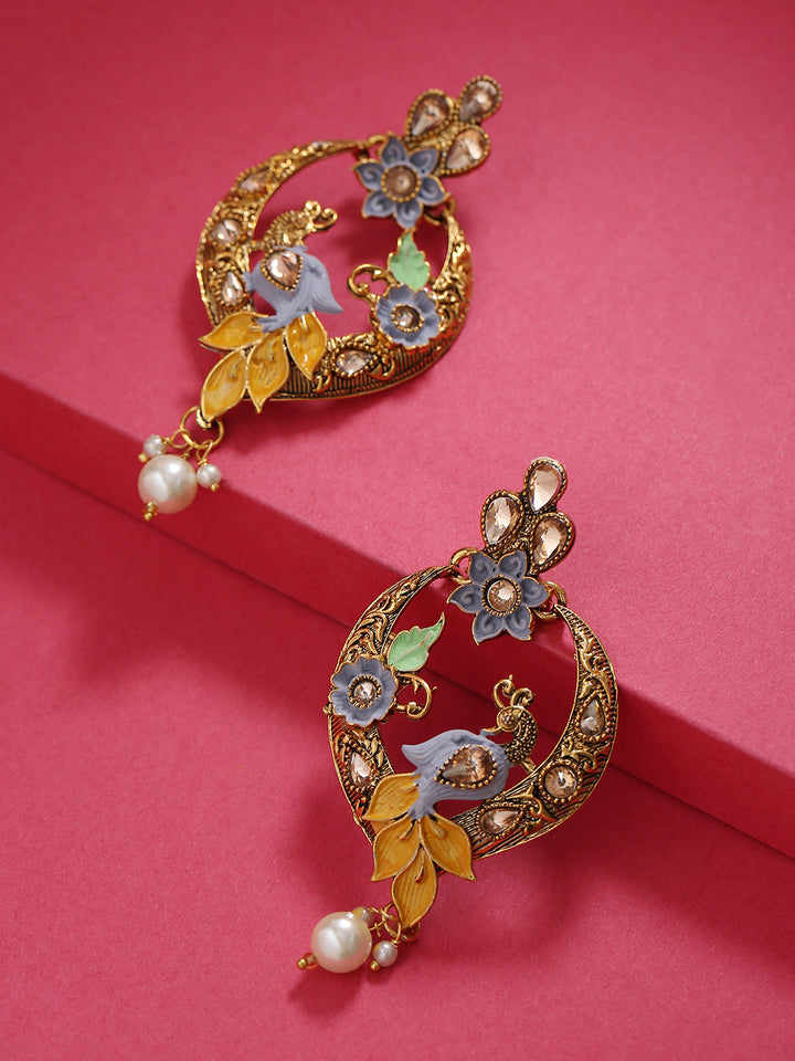 Gold-Plated Peacock Inspired Meenakari Drop Earrings In Blue And Yellow Color with Pearl Drop