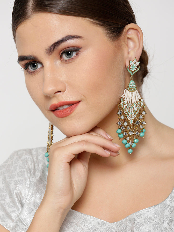 Gold-Plated Kundan Studded Floral Patterned, Waterfall Earrings With Meenakari In Sea Green And White Color