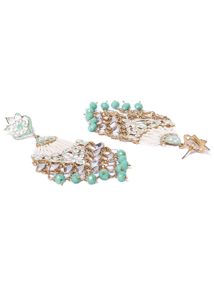 Gold-Plated Kundan Studded Floral Patterned, Waterfall Earrings With Meenakari In Sea Green And White Color