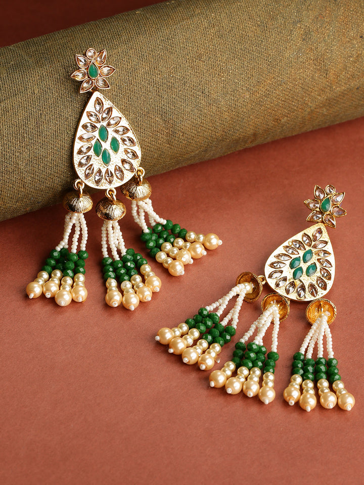 Gold-Plated Stones Studded Beaded Tassel Earrings In Green Color