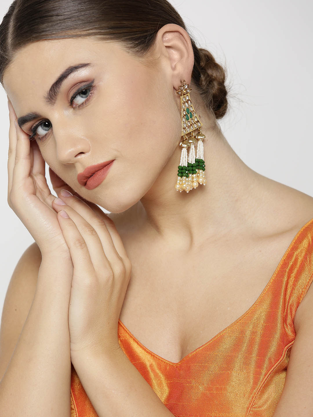 Gold-Plated Stones Studded Beaded Tassel Earrings In Green Color