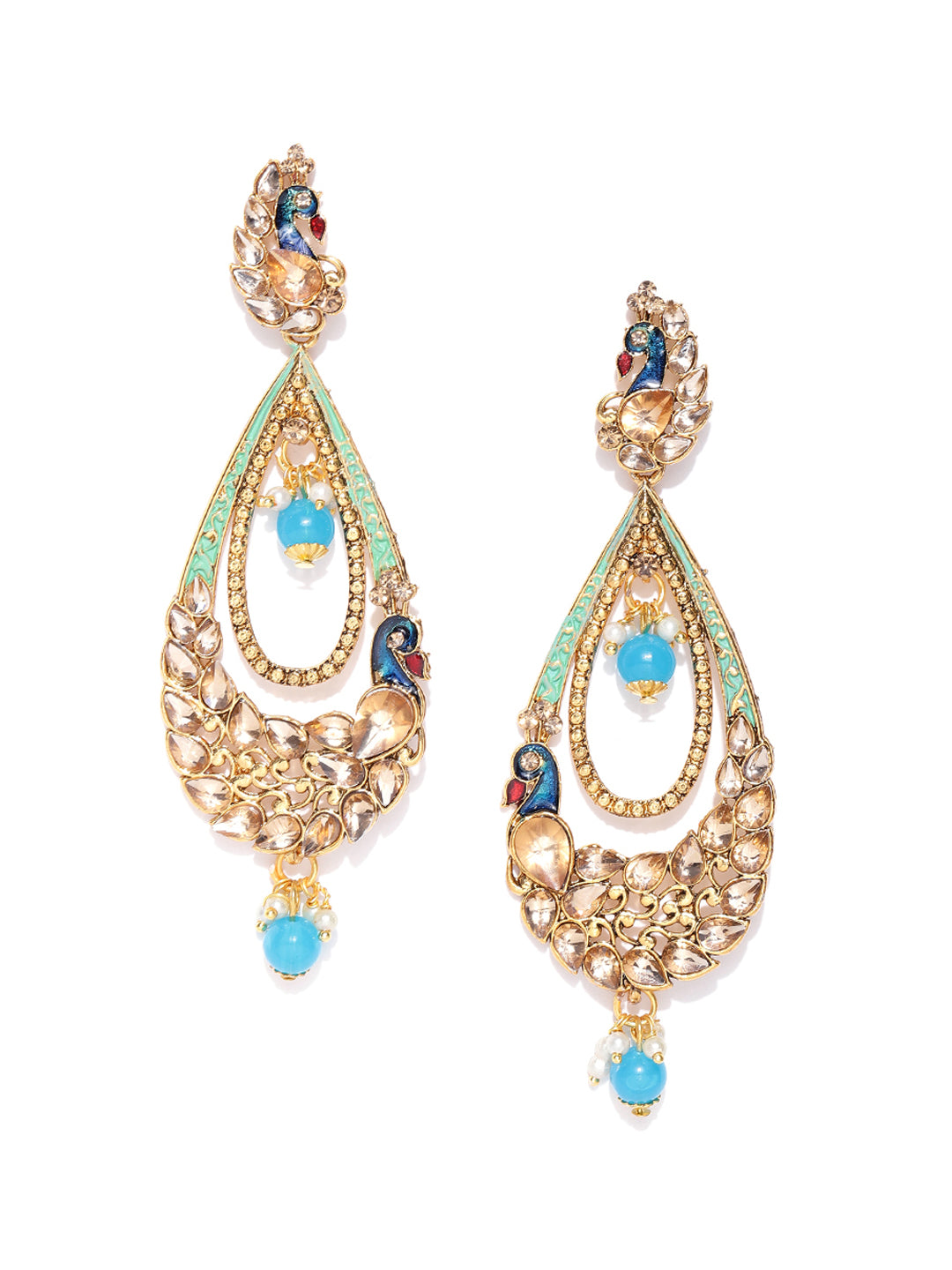 Gold-Plated Stones Studded Peacock Inspired Drop Earrings with Meenakari work In Blue Color