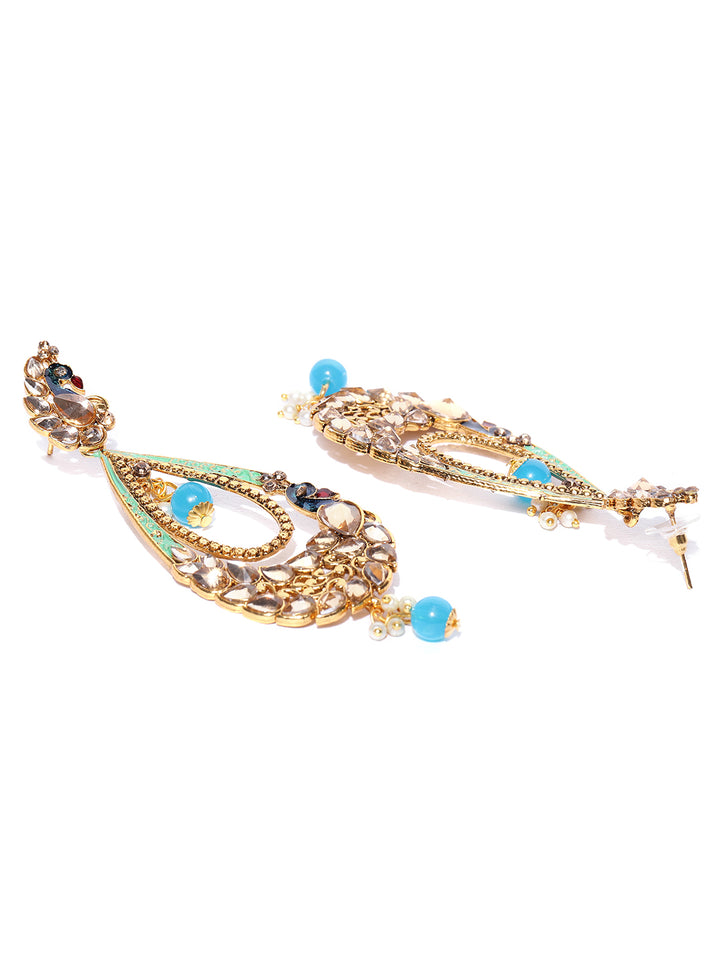 Gold-Plated Stones Studded Peacock Inspired Drop Earrings with Meenakari work In Blue Color