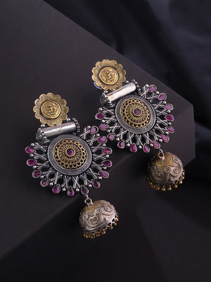 Oxidized Dual Toned Magenta Stones Studded Antique Drop Earrings in Floral Pattern
