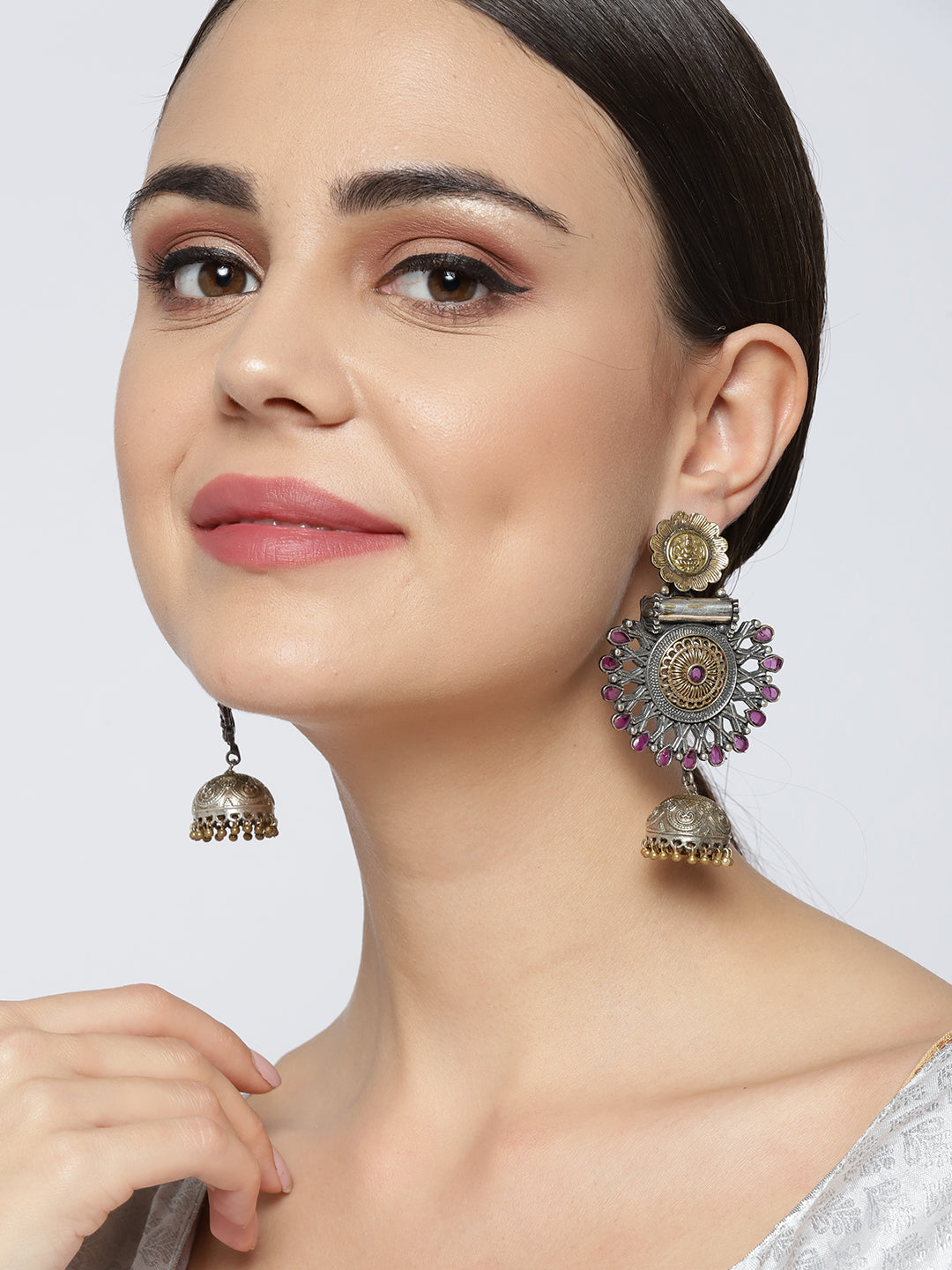 Oxidized Dual Toned Magenta Stones Studded Antique Drop Earrings in Floral Pattern