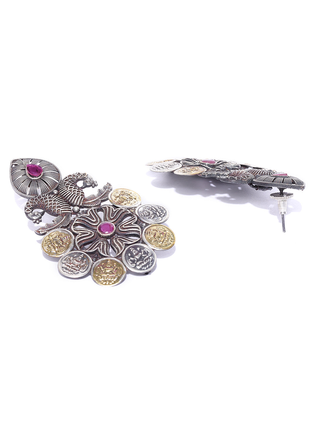 Oxidized Dual-Toned Magenta Stones Studded Peacock Inspired Antique Drop Earrings
