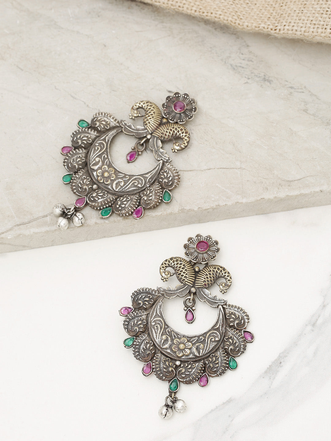 Oxidized Dual-Toned Magenta And Green Stones Studded Peacock Inspired Antique Chandbali Earrings