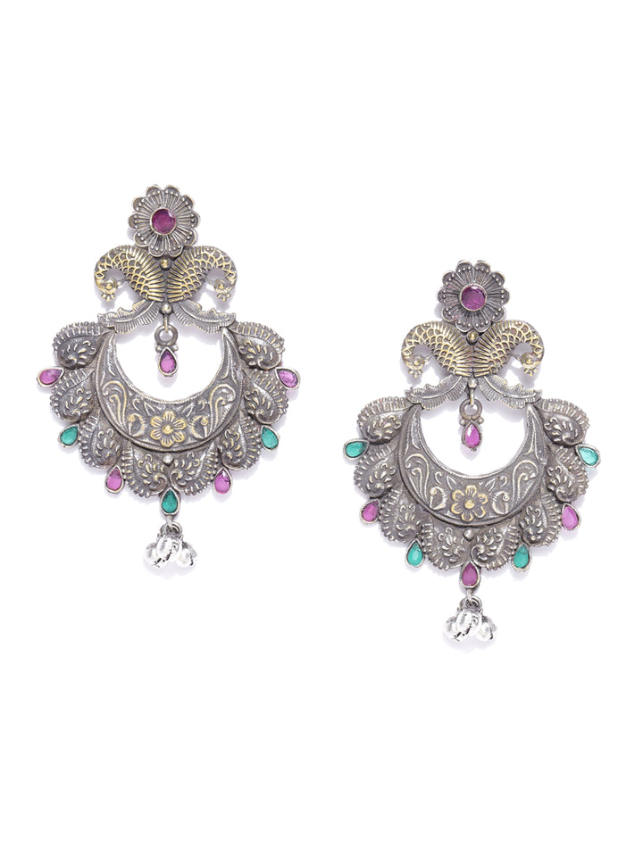Oxidized Dual-Toned Magenta And Green Stones Studded Peacock Inspired Antique Chandbali Earrings