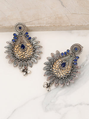 Oxidized Dual-Toned Blue Stones Studded Antique Drop Earrings