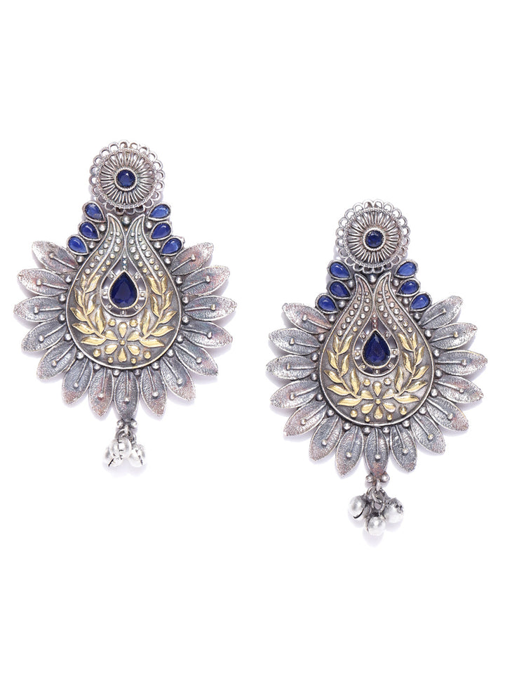 Oxidized Dual-Toned Blue Stones Studded Antique Drop Earrings