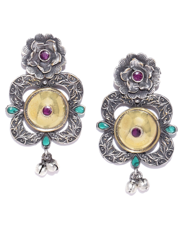 Dual-Toned Red Stones Studded Antique Drop Earrings In Floral Pattern