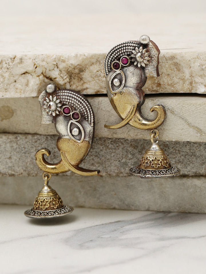 Oxidized Dual-Toned Magenta Stones Studded Elephant Inspired Antique Drop Earrings