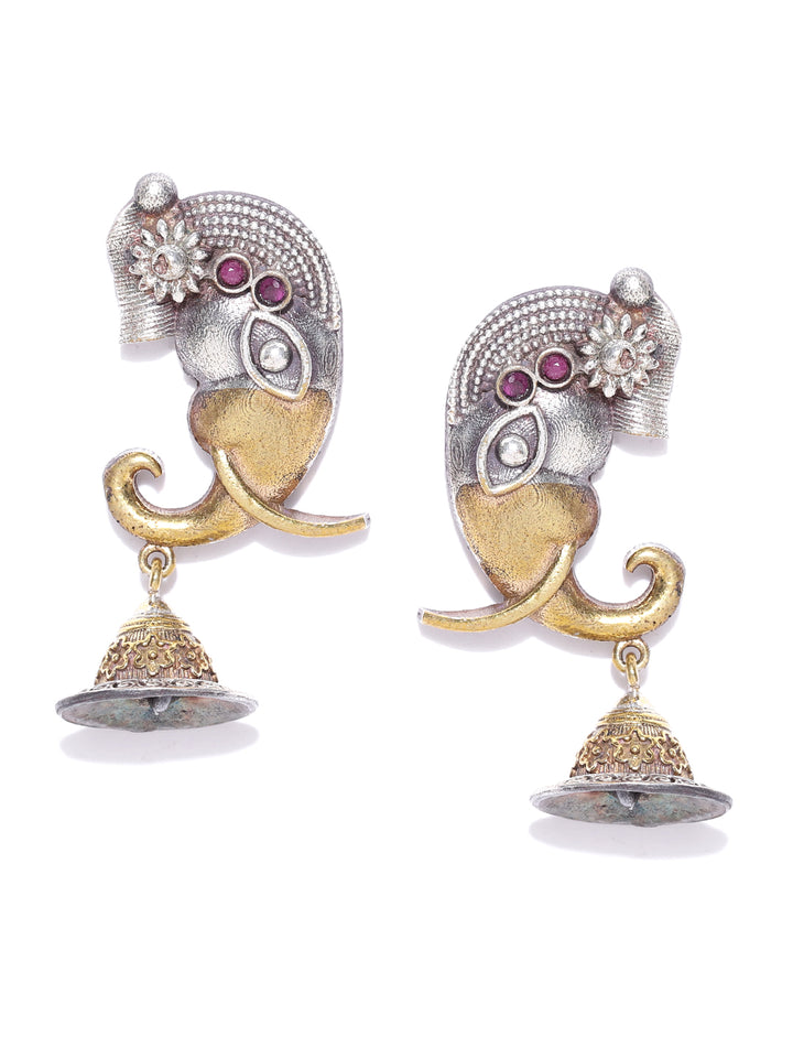 Oxidized Dual-Toned Magenta Stones Studded Elephant Inspired Antique Drop Earrings