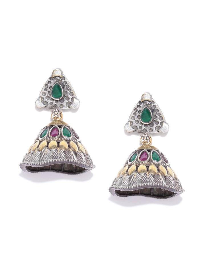 Oxidized Dual-Toned Magenta and Green Stones Studded Jhumka Earrings
