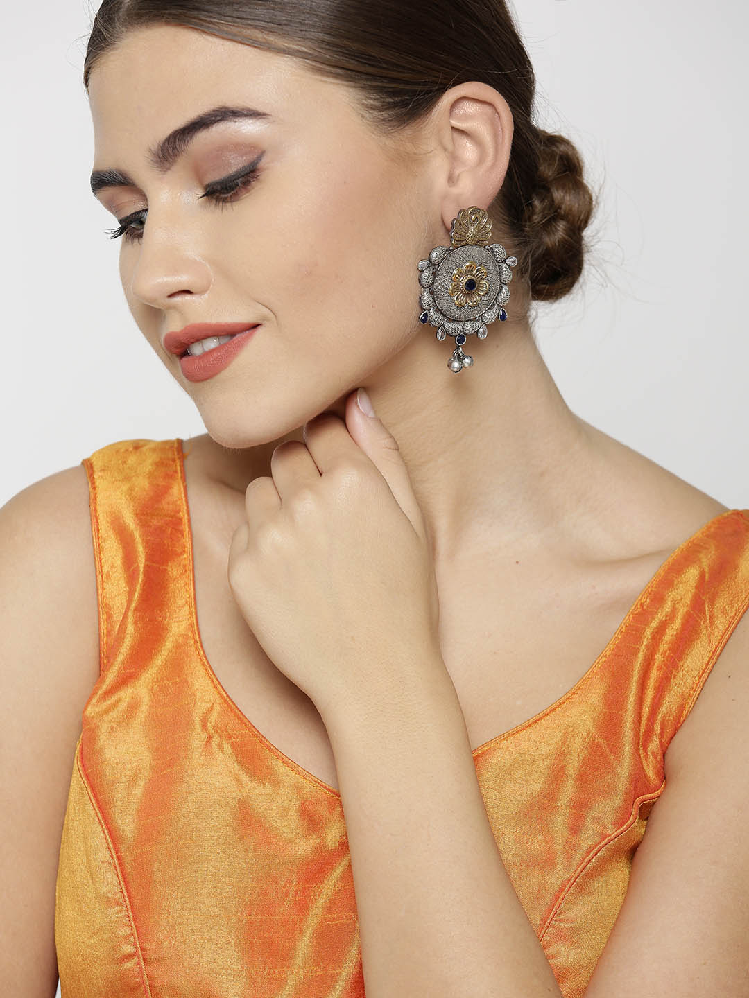 Oxidized Dual-Toned Peacock and Floral Inspired Antique, Textured Drop Earrings