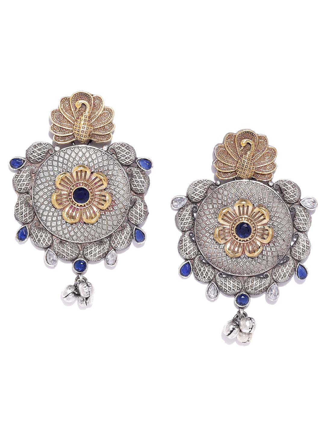 Oxidized Dual-Toned Peacock and Floral Inspired Antique, Textured Drop Earrings
