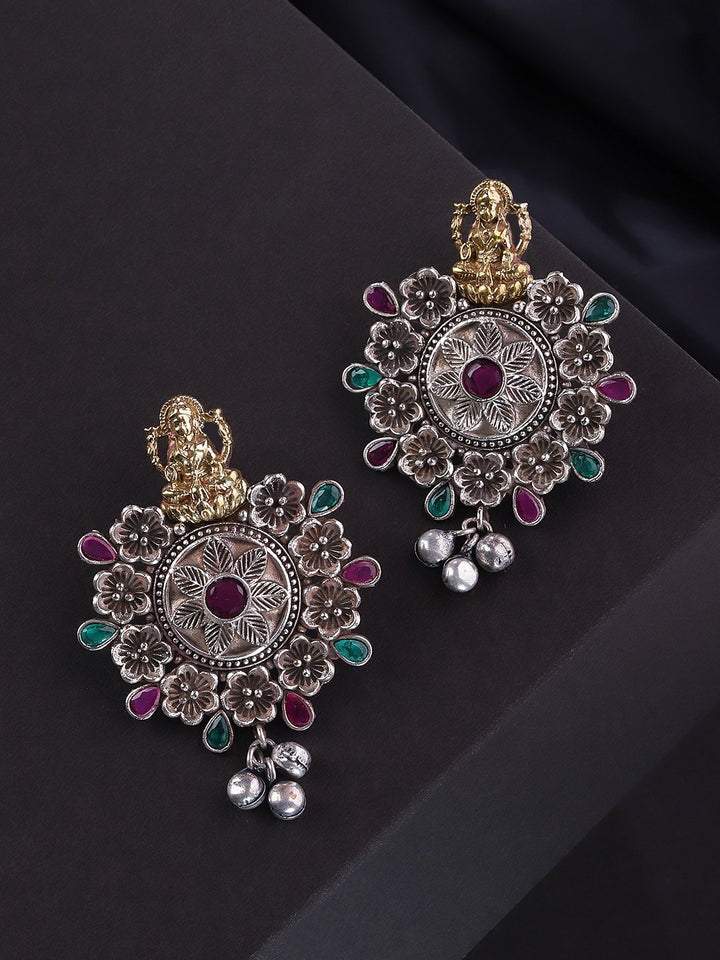 Antique Dual-Toned Goddess Laxmi Inspired Floral Pattern Drop Earrings