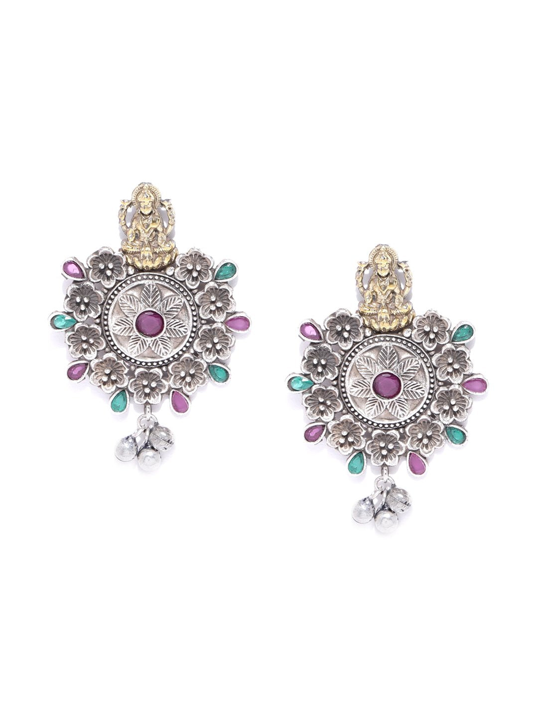 Antique Dual-Toned Goddess Laxmi Inspired Floral Pattern Drop Earrings