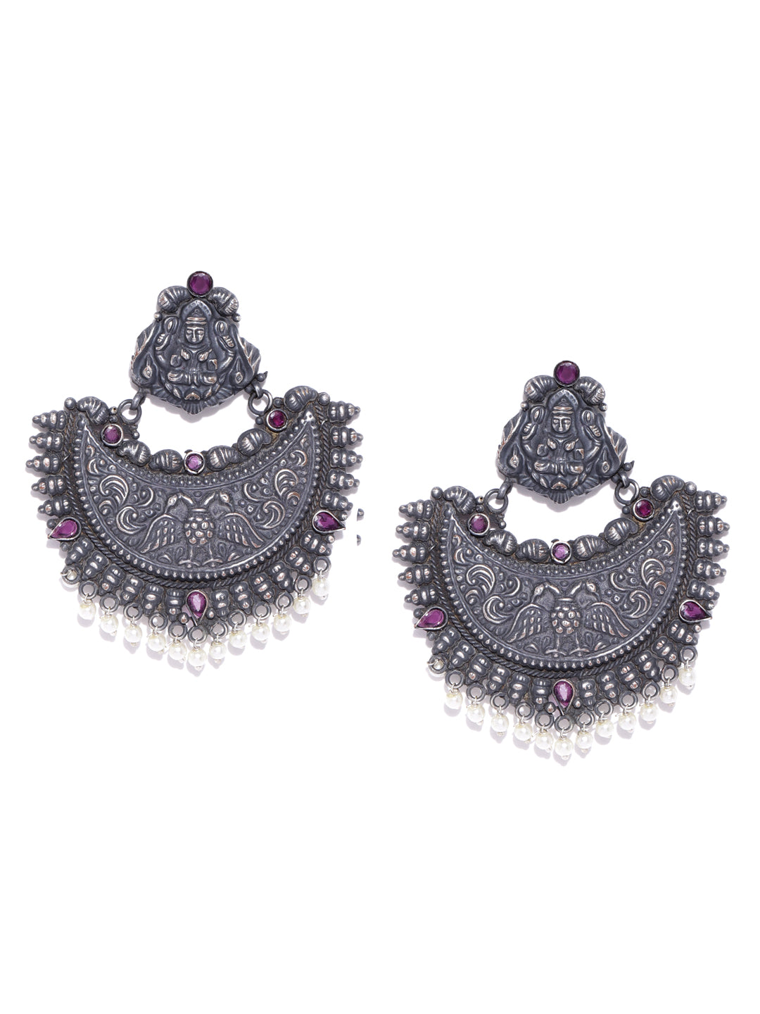 Oxidized Magenta Stones Studded Temple Inspired Antique Chandbali Earrings