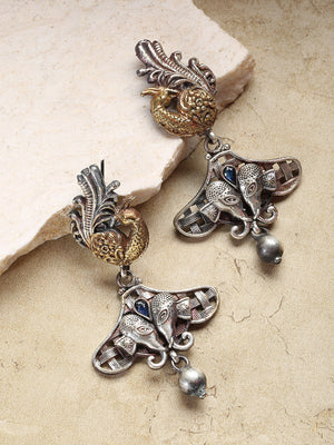 Oxidized Dual-Toned Peacock And Elephant Inspired Drop Earrings