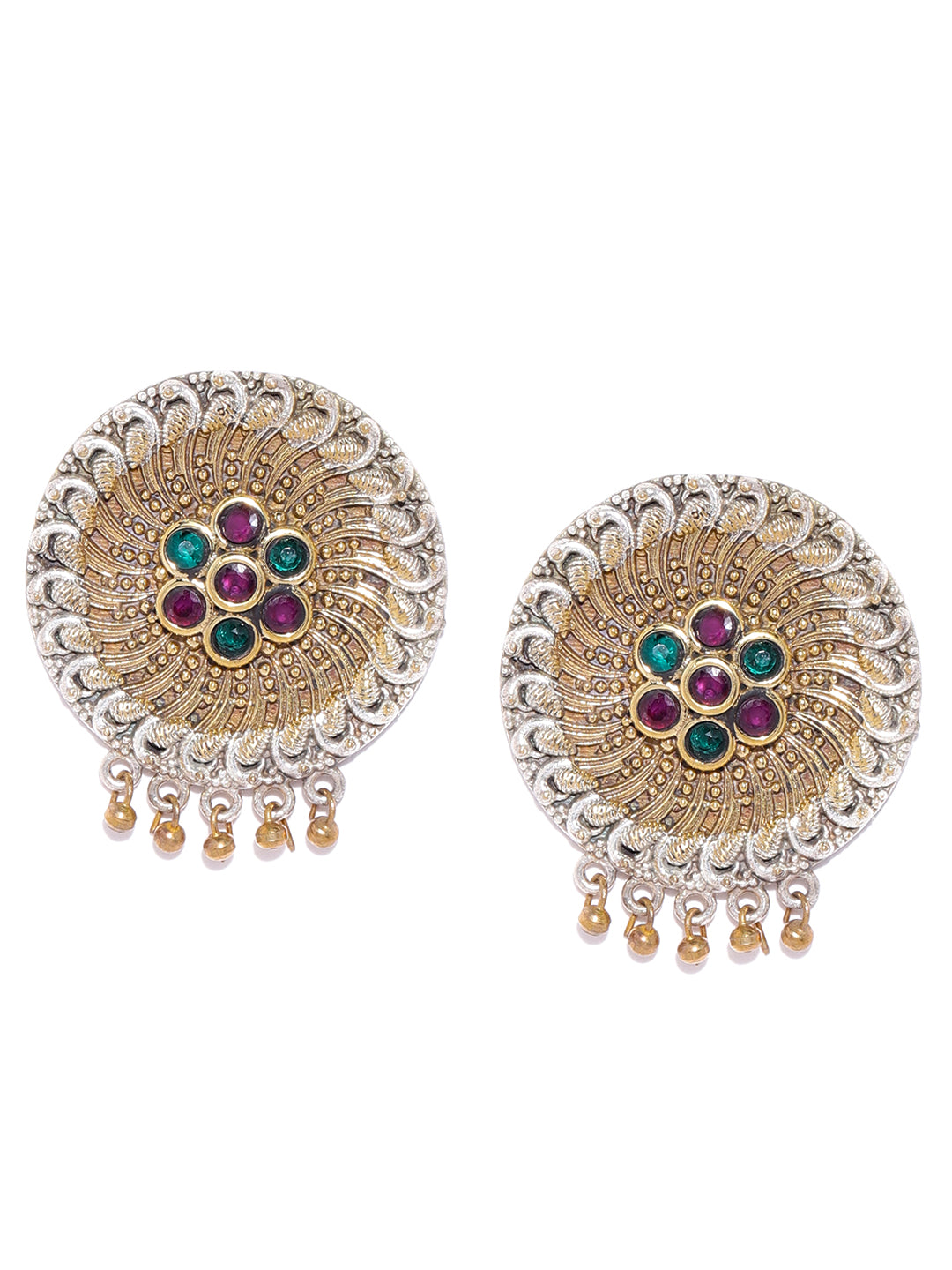 Oxidized Dual-Toned Magenta and Green Stones Studded Drop Earrings in Floral Pattern