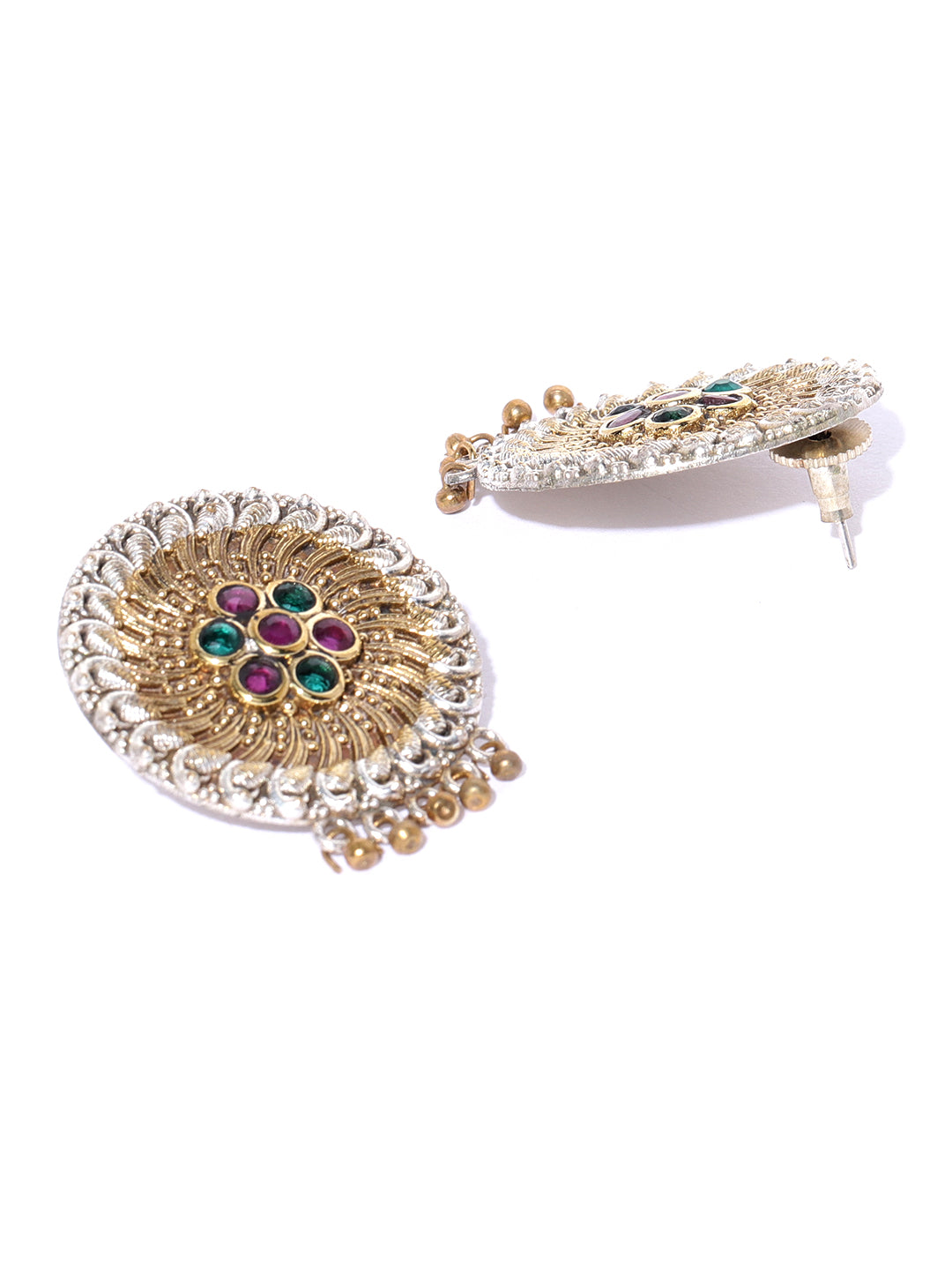 Oxidized Dual-Toned Magenta and Green Stones Studded Drop Earrings in Floral Pattern
