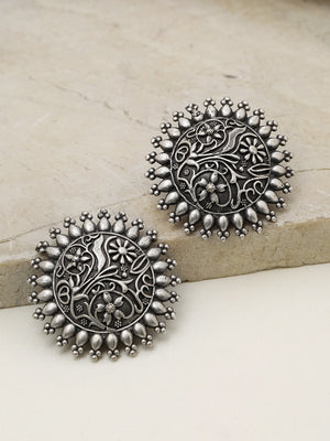 Boho Tribe - Oxidised Silver-Plated Embossed Floral Large Stud Earrings