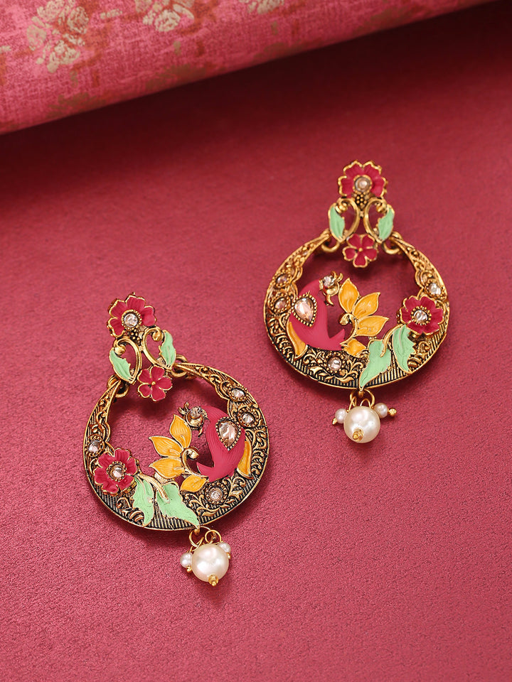 Gold-Plated Peacock Inspired Chandbali Earrings with Meenakari work in Red And Green Color