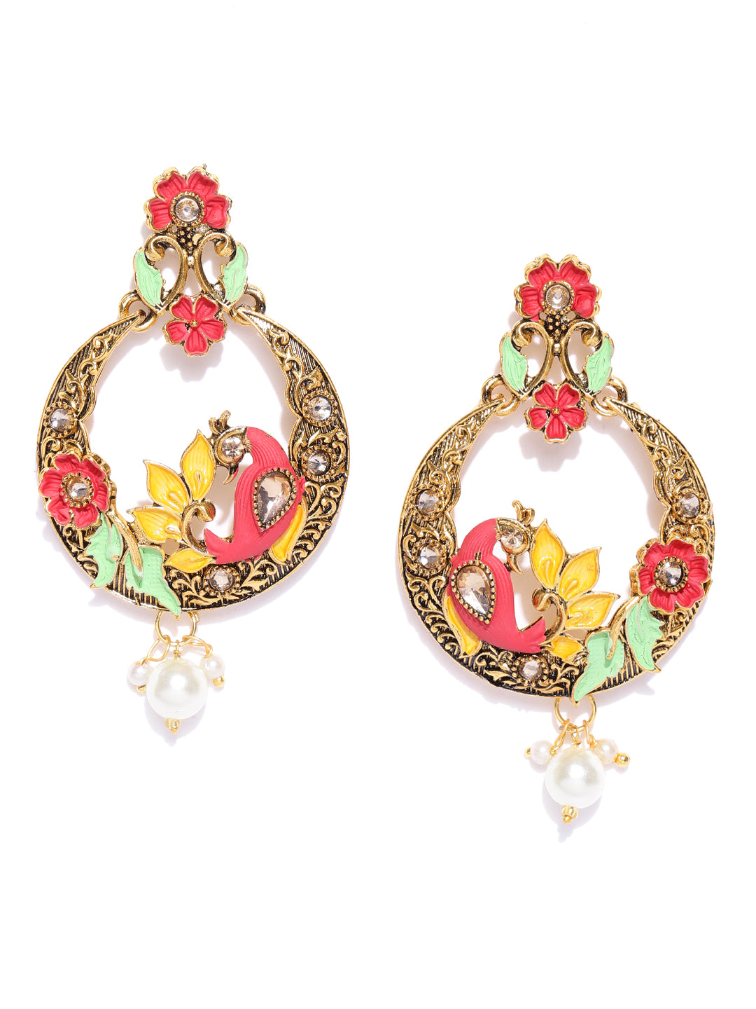 Gold-Plated Peacock Inspired Chandbali Earrings with Meenakari work in Red And Green Color