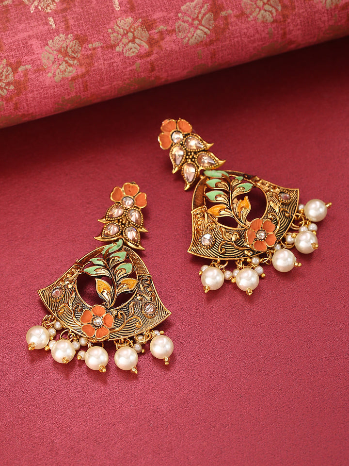 Gold-Plated Stone Studded Multicolor Flower Drop Earrings