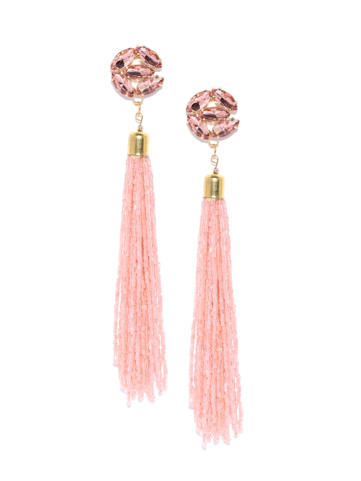Gold-Plated Pink Stones Studded Tasselled Earrings