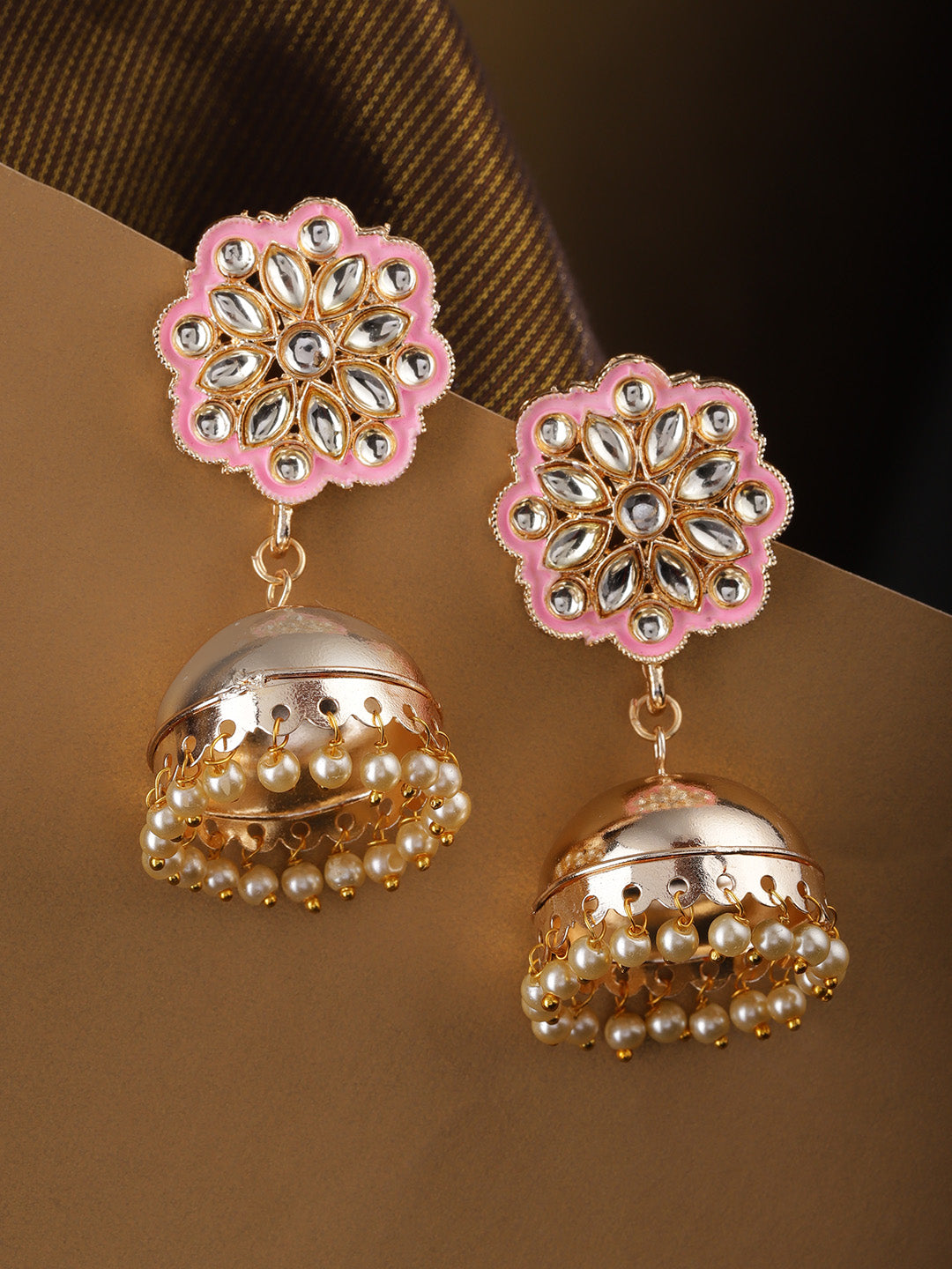 Gold-Plated Kundan Studded Floral Patterned Meenakari Jhumka Earrings in Pink Color with Pearls Drop