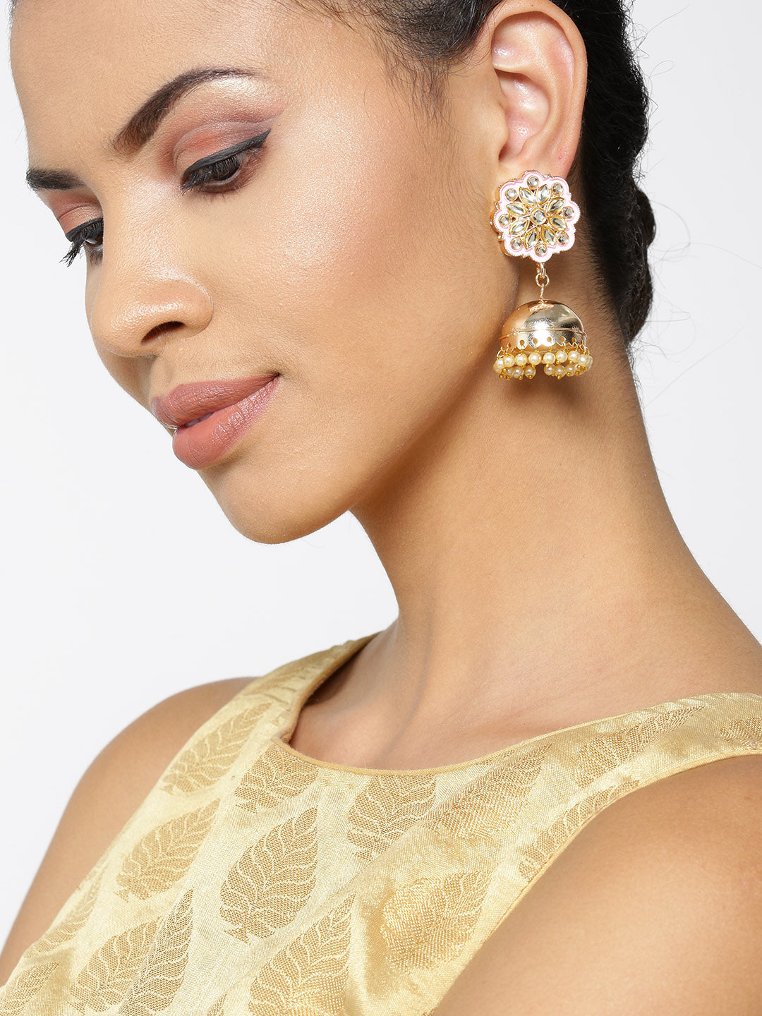 Gold-Plated Kundan Studded Floral Patterned Meenakari Jhumka Earrings in Pink Color with Pearls Drop