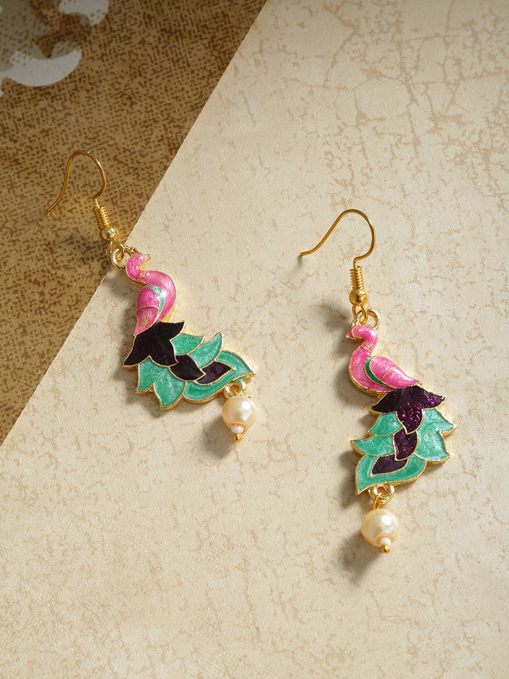 Gold-Plated Peacock Inspired Pearl Drop Earrings In Pink And Green Color