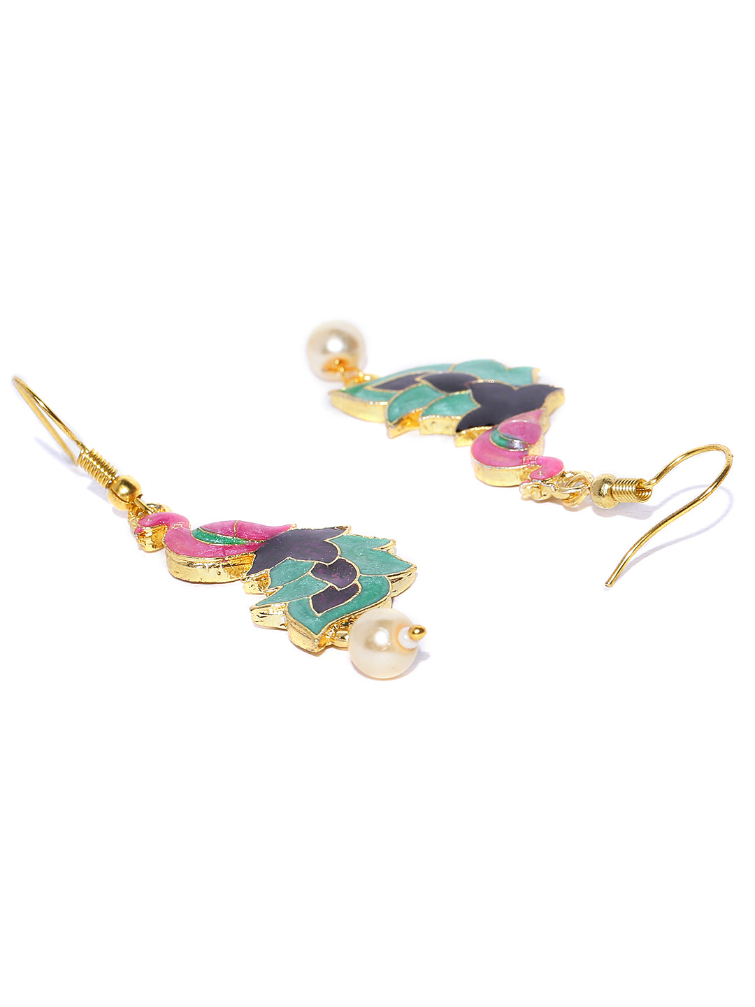 Gold-Plated Peacock Inspired Pearl Drop Earrings In Pink And Green Color