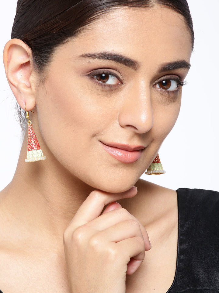 Gold-Plated Cone Shaped Meenakari Jhumka Earrings In Red And Green Color