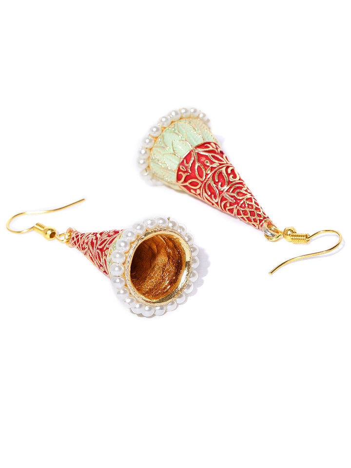 Gold-Plated Cone Shaped Meenakari Jhumka Earrings In Red And Green Color