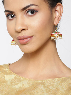 Gold-Plated Jhumka Earrings with Meenakari In Red And Green Color with Pearls Drop