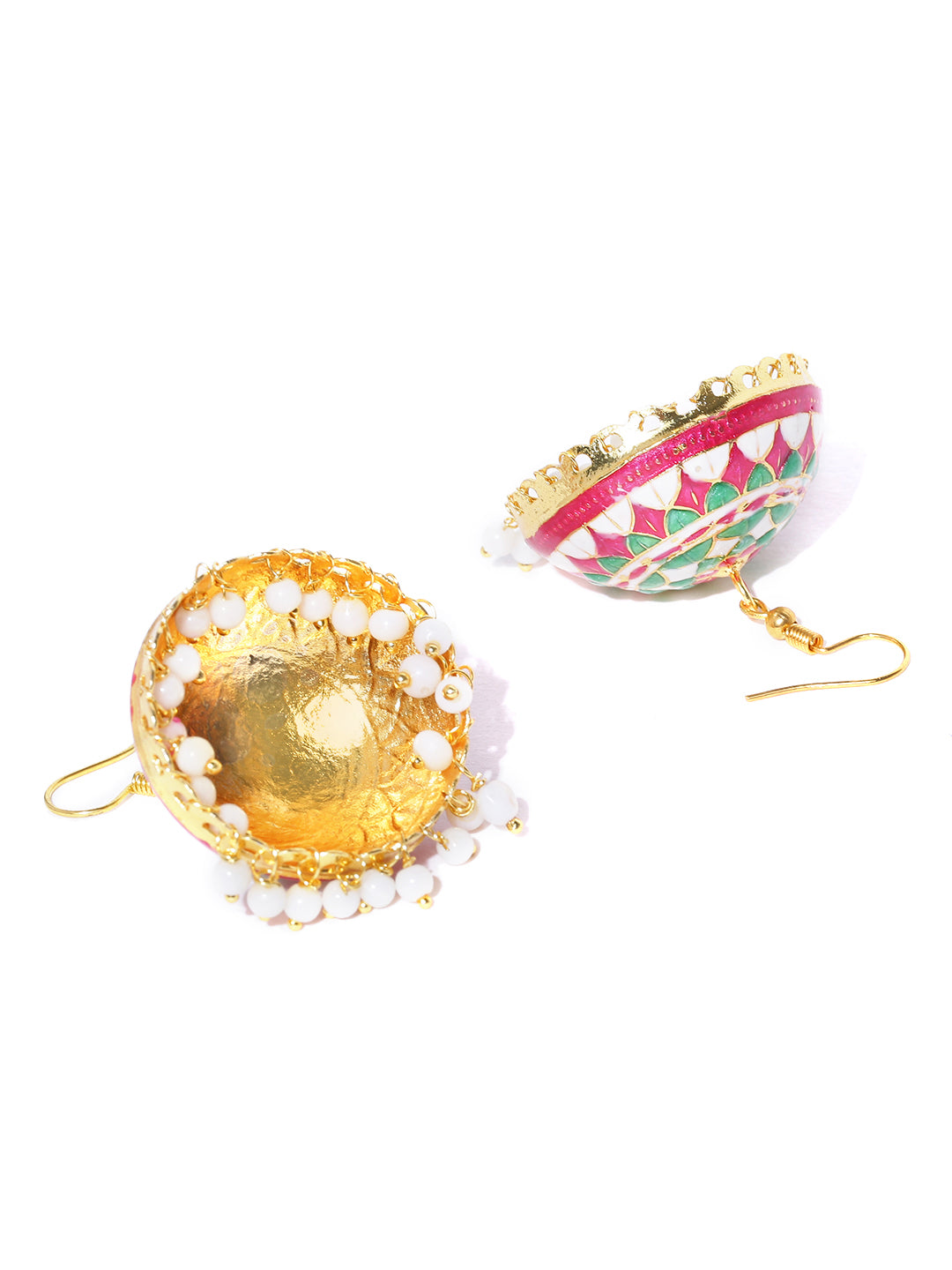 Gold-Plated Jhumka Earrings with Meenakari In Red And Green Color with Pearls Drop