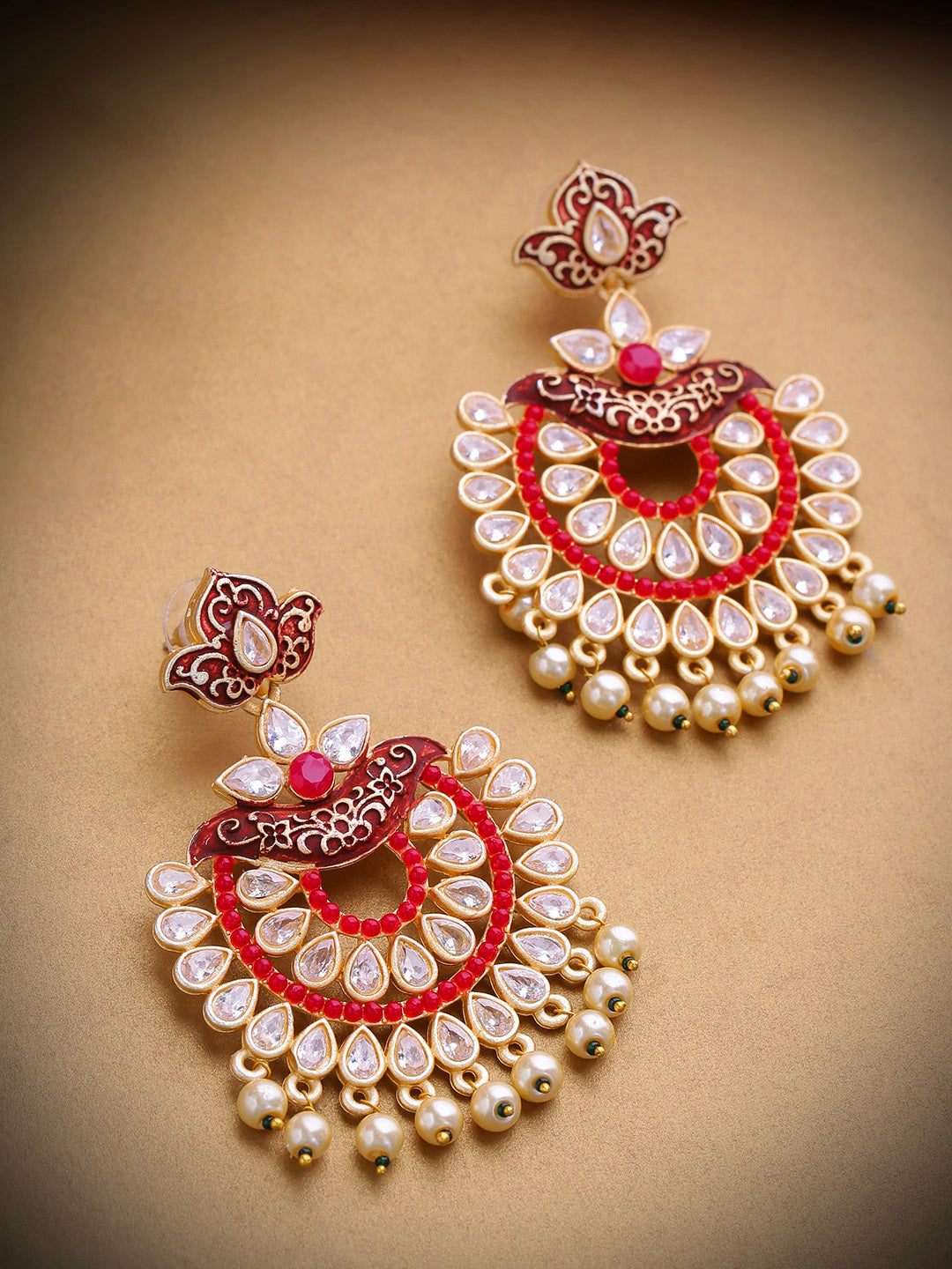 Gold-Plated Stones Studded Meenakari Chandbali Earrings In Red and Maroon Color with Pearls Drop