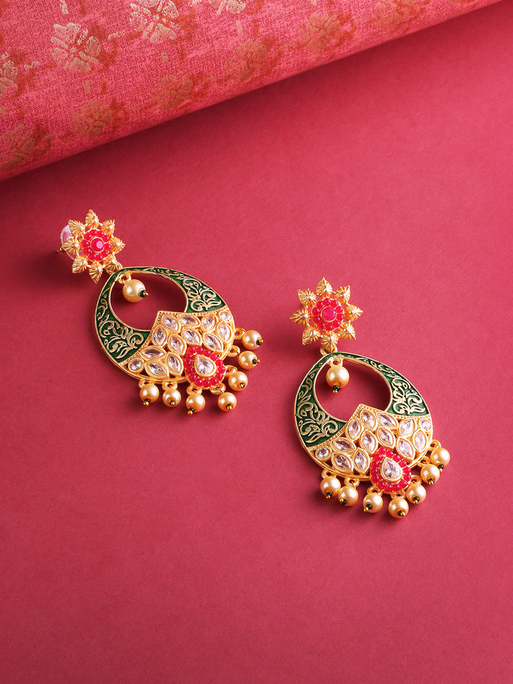 Gold-Plated Red Stones Studded Meenakari Drop Earrings in Green Color