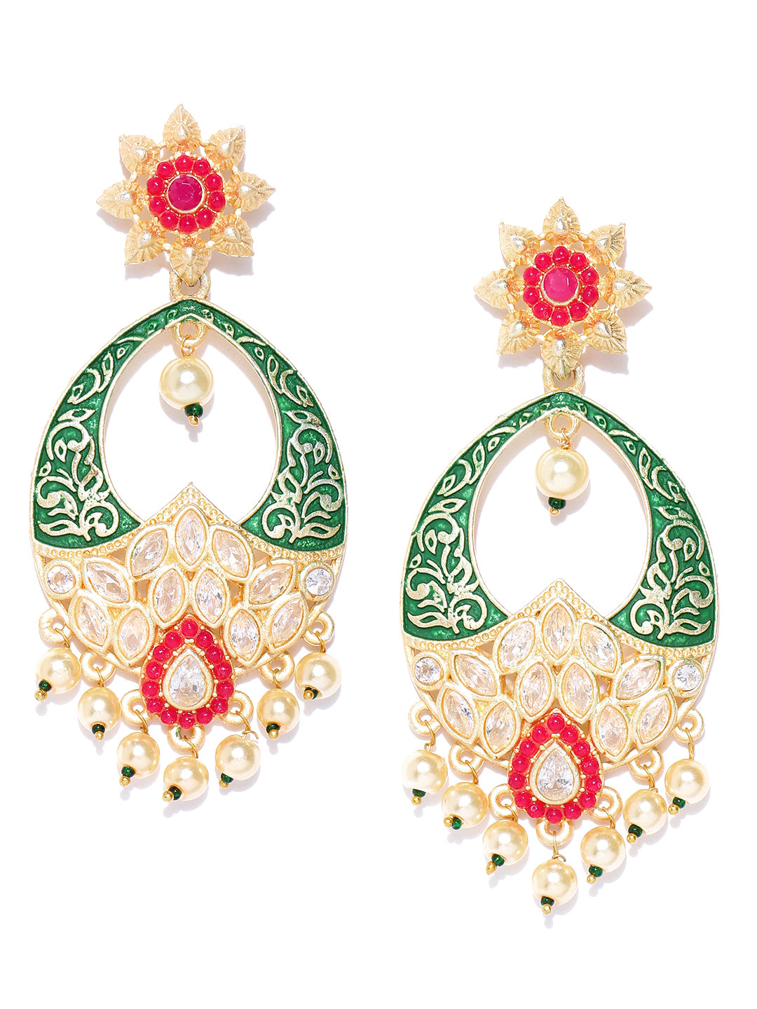 Gold-Plated Red Stones Studded Meenakari Drop Earrings in Green Color