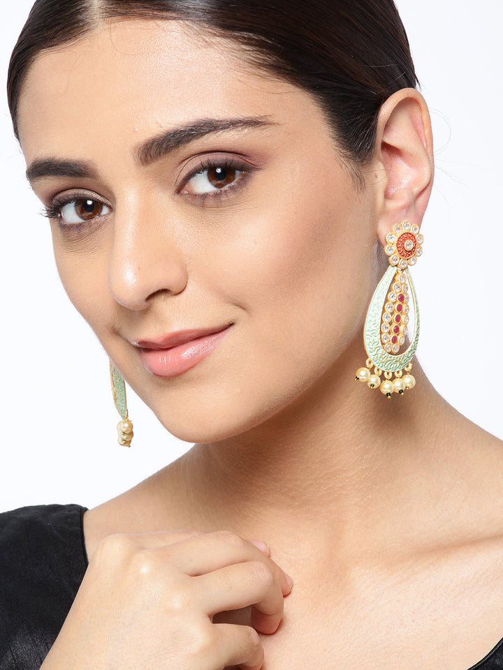 Gold-Plated Stones Studded Meenakari Drop Earrings in Red and Green Color with Pearls Drop