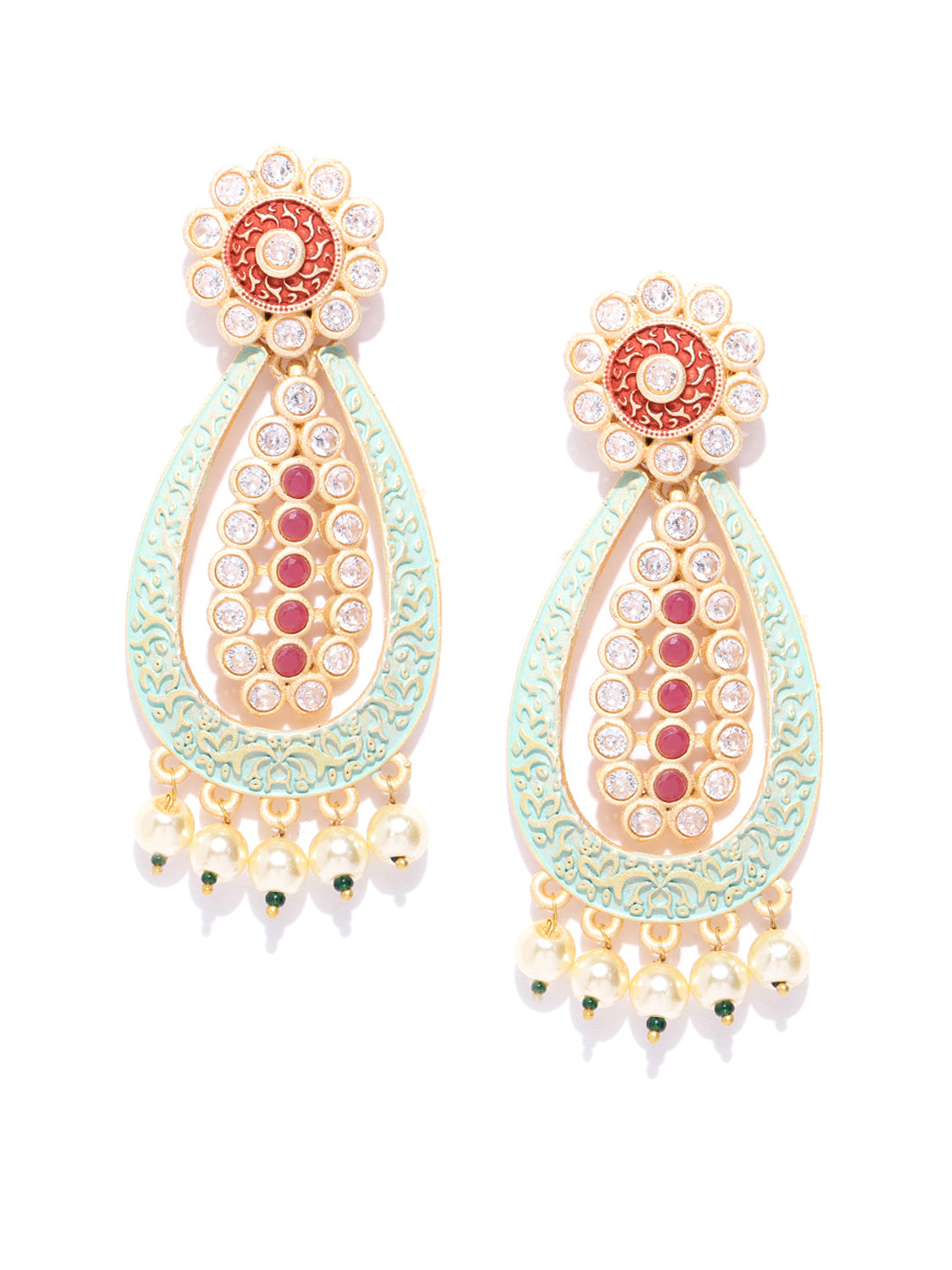 Gold-Plated Stones Studded Meenakari Drop Earrings in Red and Green Color with Pearls Drop