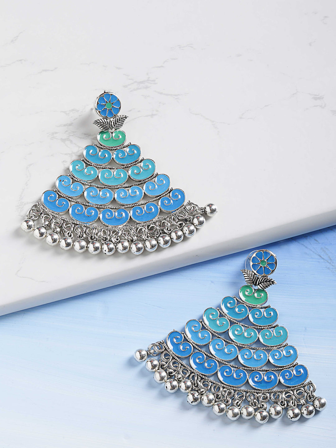 Oxidised Silver-Plated Meenakari Drop Earrings In Blue Color